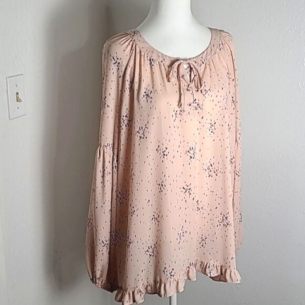 a.n.a. Light Pink Blouse, Splashes of Navy, Lace-up Neckline/Ruffles, Sz Large